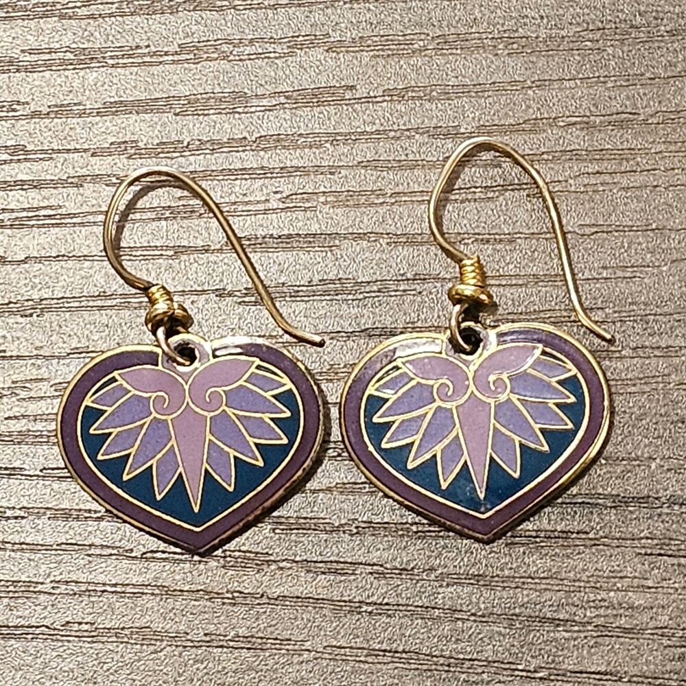 Vintage Laurel Burch Hollyhock Purple & Gold Heart Earrings